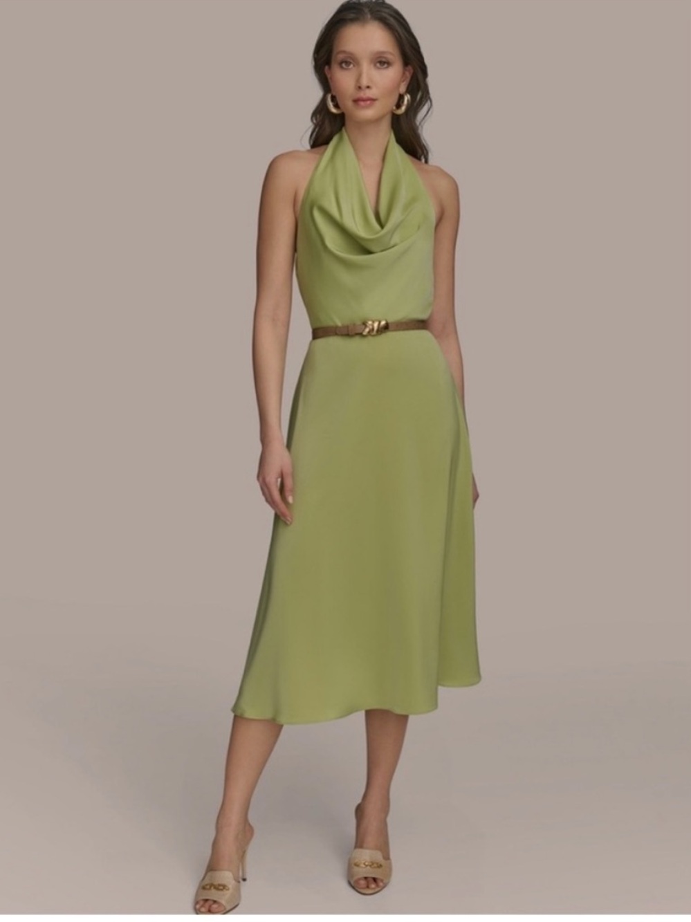 Karl Lagerfeld Light Green Cowl Neck Halter Midi Dress